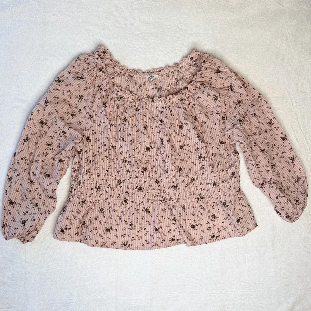 Madewell Sophia Top Bouquet Floral Pink Smocked Cotton Peasant Blouse Plus 2X
